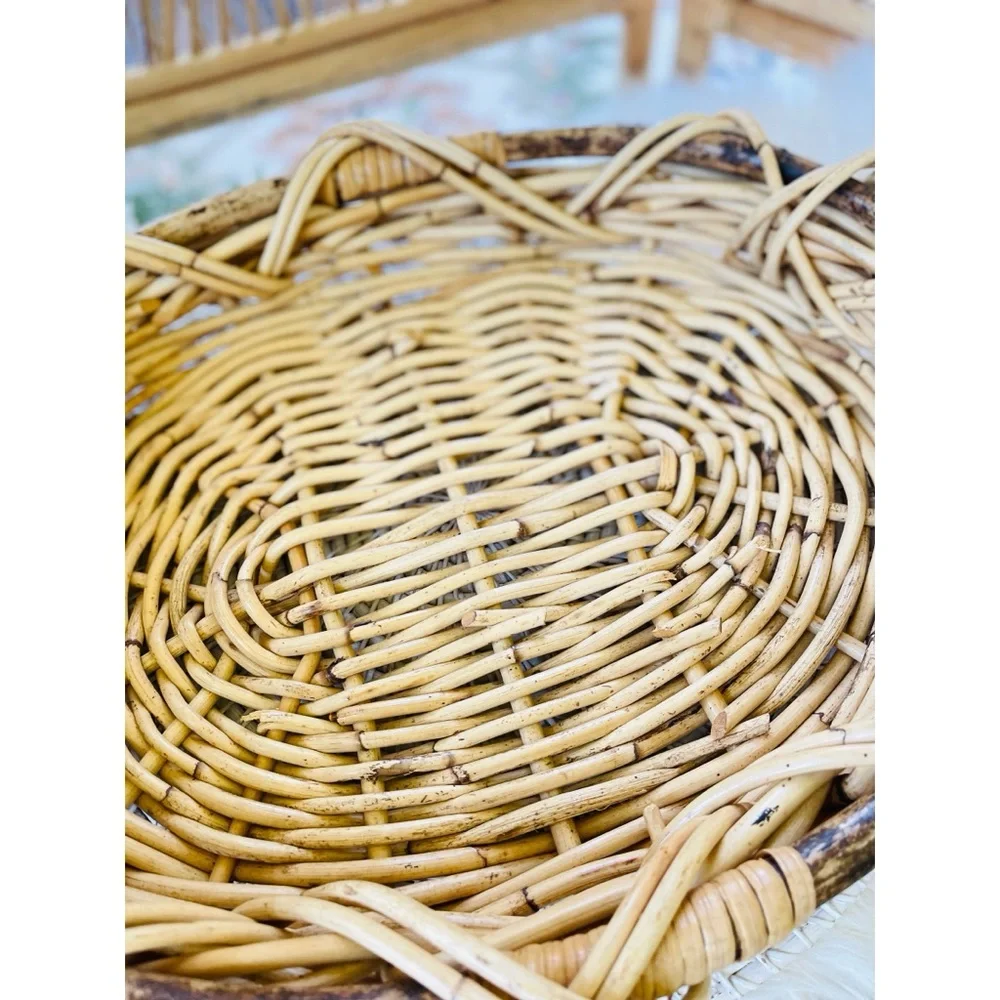 Woven Rattan Oval Basket With Handles Boho Cottage Fall Autumn Tabletop Decor